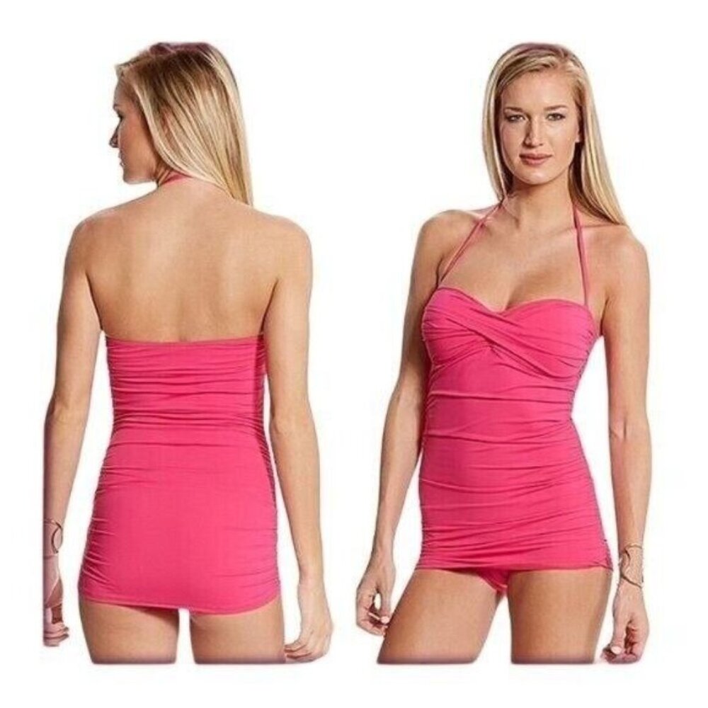 Tommy Bahama One Piece Swimsuit 10 Pink Bandeau Shirred Halter Retro Pinup Girl